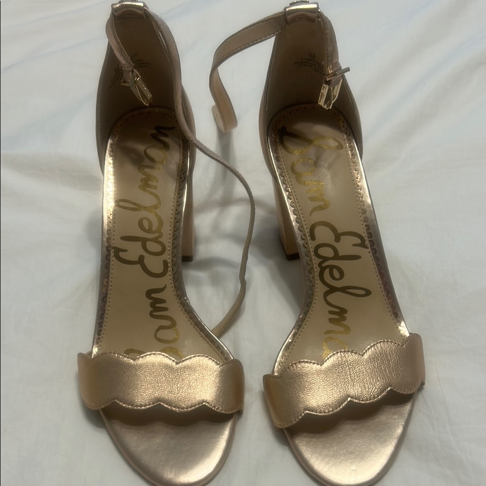 Sam Edelman Gold Heeled Sandals with Scalloped Design